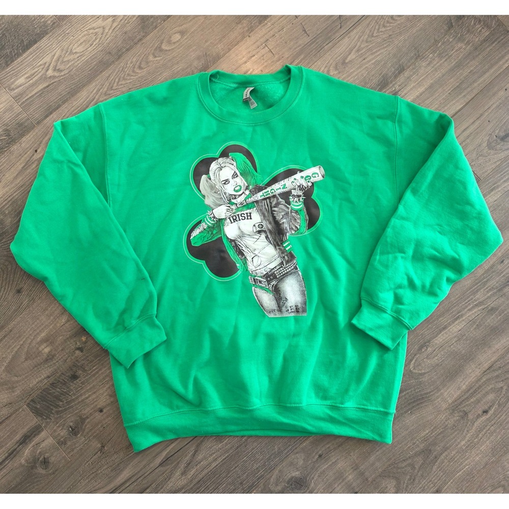 SzL Gildan Irish‎ Harley Quinn St Patricks Day Green Shamrock Graphic Sweatshirt